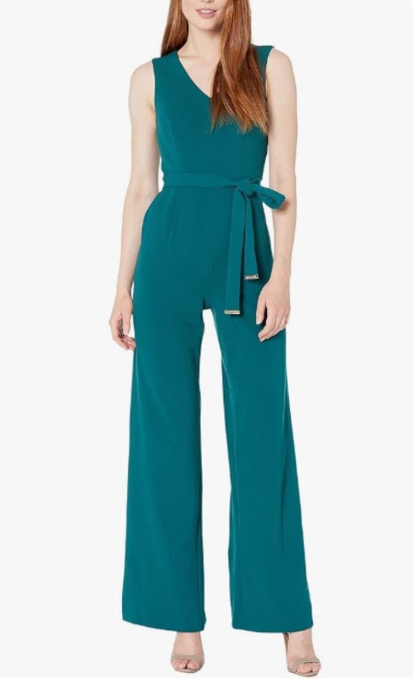 TOMMY HILFIGER V-Neck Wide Leg Jumpsuit Sleeveless Belted Green Womens Size 2